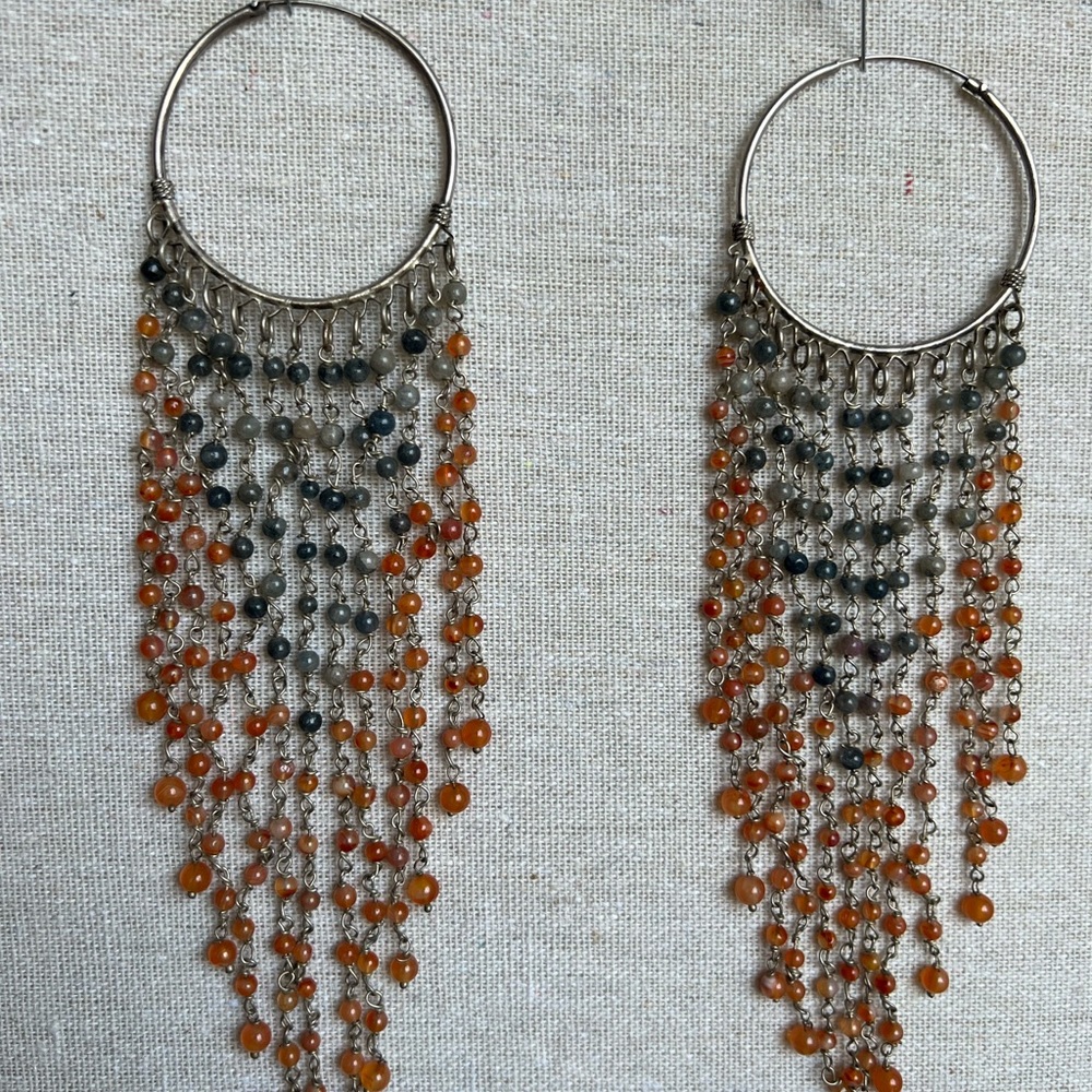Carnelian and labradorite hoop dangle earring.